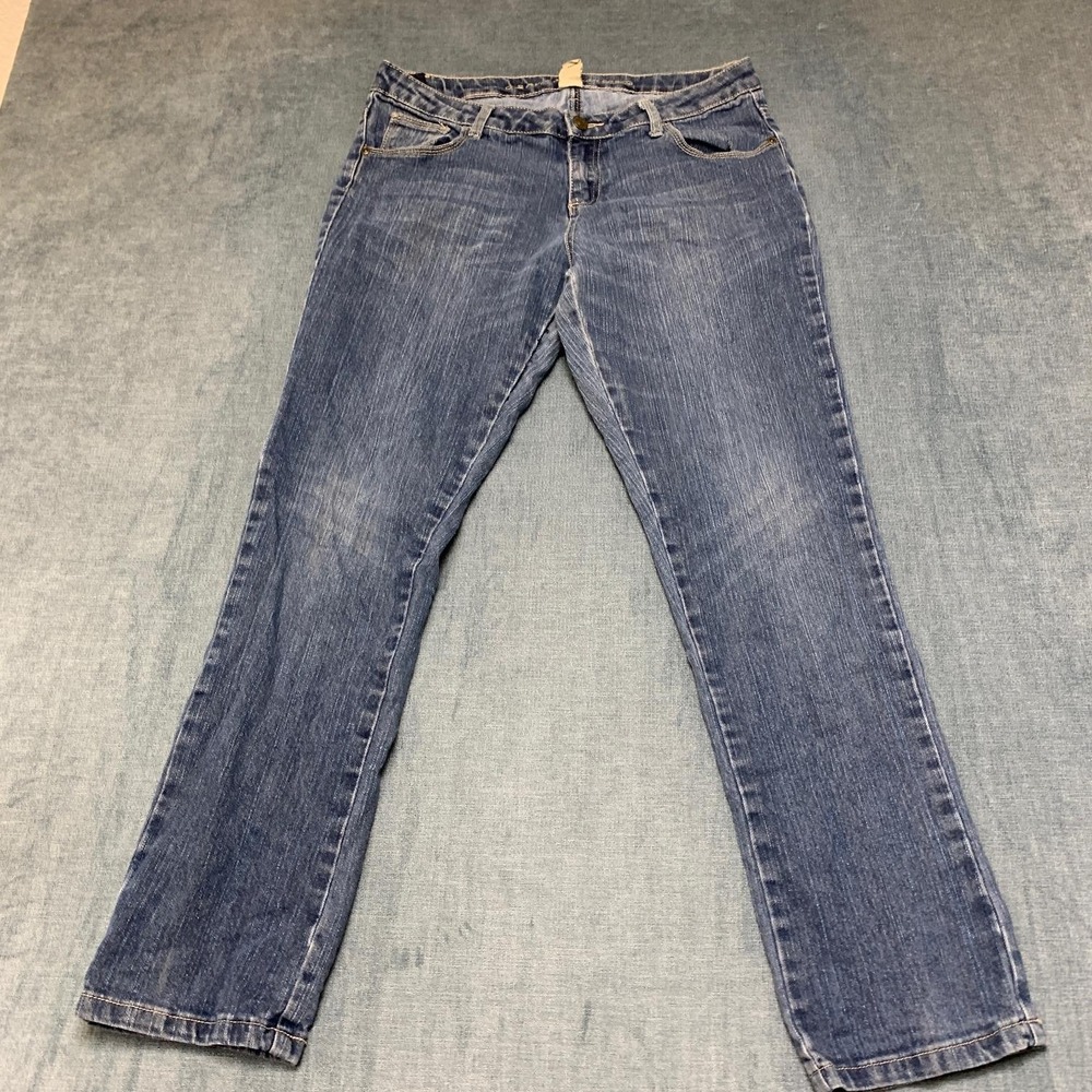 Arizona Jeans Womens 16 1/2 Blue Denim Cotton Stretch Beaded Mid Rise Straight